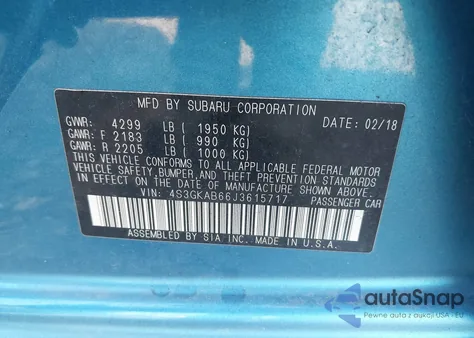 2018 Subaru Impreza 2.0I Premium z USA, uszkodzony, nr VIN 4S3GKAB66J3615717